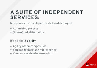A	SUITE	OF	INDEPENDENT
SERVICES:
Independently	developed,	tested	and	deployed
Automated	process
(Liskov)	substitutability 	
It's	all	about	agility
Agility	of	the	composition
You	can	replace	any	microservice
You	can	decide	who	uses	who
 