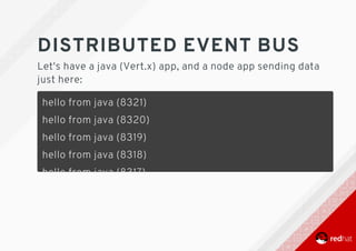 DISTRIBUTED	EVENT	BUS
Let's	have	a	java	(Vert.x)	app,	and	a	node	app	sending	data
just	here:
hello	from	java	(8321)
hello	from	java	(8320)
hello	from	java	(8319)
hello	from	java	(8318)
hello	from	java	(8317)
hello	from	java	(8316)
hello	from	java	(8315)
hello	from	java	(8314)
hello	from	java	(8313)
 