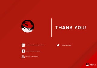 Red	HatNews
youtube.com/Red	Hat
facebook.com/redhatinc
THANK	YOU!
linkedin.com/company/red-hat
 