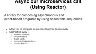 Async our microservices call
(Using Reactor)
A library for composing asynchronous and
event-based programs by using observable sequences.
● Allow you to compose sequences together declaratively
● Abstracting away :
o low-level threading
o synchronization
o thread-safety
o concurrent data structures
o non-blocking I/O.
 