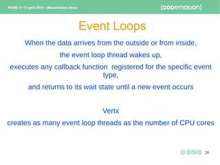 28
When the data arrives from the outside or from inside,
the event loop thread wakes up,
executes any callback function r...