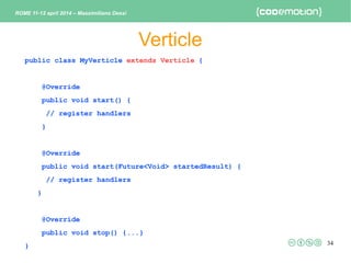 34
public class MyVerticle extends Verticle {
@Override
public void start() {
// register handlers
}
@Override
public void...