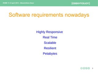 5
Software requirements nowadays
Highly Responsive
Real Time
Scalable
Resilient
Petabytes
ROME 11-12 april 2014 – Massimil...