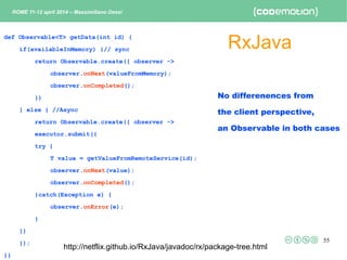 55
RxJava
ROME 11-12 april 2014 – Massimiliano Dessì
def Observable<T> getData(int id) {
if(availableInMemory) {// sync
re...