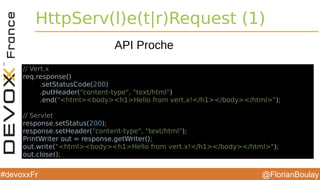 @FlorianBoulay#devoxxFr
HttpServ(l)e(t|r)Request (1)
// Vert.x
req.response()
.setStatusCode(200)
.putHeader("content-type", "text/html")
.end("<html><body><h1>Hello from vert.x!</h1></body></html>");
// Servlet
response.setStatus(200);
response.setHeader("content-type", "text/html");
PrintWriter out = response.getWriter();
out.write("<html><body><h1>Hello from vert.x!</h1></body></html>");
out.close();
API Proche
 