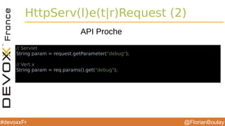 @FlorianBoulay#devoxxFr
HttpServ(l)e(t|r)Request (2)
// Servlet
String param = request.getParameter("debug");
// Vert.x
String param = req.params().get("debug");
API Proche
 
