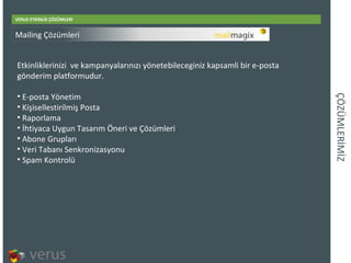 ÇÖÜѳİİ VERUS ETKİNLİK ÇÖZÜMLERİ Etkinliklerinizi  ve kampanyalarınızı yönetebileceginiz kapsamli bir e-posta gönderim platformudur. E-posta Yönetim Kişisellestirilmiş Posta Raporlama İhtiyaca Uygun Tasarım Öneri ve Çözümleri Abone Grupları Veri Tabanı Senkronizasyonu Spam Kontrolü Mailing Çözümleri 