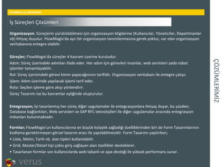 ÇÖÜѳİİ KURMSAL İŞ ÇÖZÜMLERİ Organizasyon ; Süreçlerin yürütülebilmesi için organizasyon bilgilerine (Kullanıcılar, Yöneticiler, Departmanlar vb) ihtiyaç duyulur. FlowMagix'da ayrı bir organizasyon tanımlanmasına gerek yoktur, var olan organizasyon veritabanına entegre olabilir. Süreçler;  FlowMagix'da süreçler 4 kavram üzerine kuruludur. Adım: Süreç üzerindeki adımları ifade eder. Her adım için görevleri insanlar, web servisleri yada robot işlemler tamamlayabilir.  Rol: Süreç içerisindeki görevi kimin yapacağınının tarifidir. Organizasyon veritabanı ile entegre çalışır.  İşlem: Adım üzerinde yapılacak işlemi tarif eder.  Rota: Seçilen işleme göre akışı yönlendirir.  Süreç Tasarımı ise bu kavramlar eşliğinde oluşturulur. Entegrasyon;  İyi tasarlanmış her süreç diğer uygulamalar ile entegrasyonlara ihtiyaç duyar, bu yüzden; Database bağlantıları, Web servisleri ve SAP RFC teknolojileri ile diğer uygulamalar arasında entegrasyon imkanları bulunmaktadır.  Formlar;  FlowMagix'un kullanıcılarına en büyük kolaylık sağladığı özelliklerinden biri de Form Tasarımlarının kodlama gerektirmeyen görsel tasarım aracı ile yapılabilmesidir. Form Tasarımı yapılırken; Liste, Metin, Tarih vb. alan tipleri kullanılabilir.  Grid, Master/Detail tipi çoklu giriş sağlayan alan özellikler desteklenir.  Tasarlanan formlar son kullanıcılarda web tabanlı ve ajax desteği ile yüksek performans sunar.  İş Süreçleri Çözümleri 