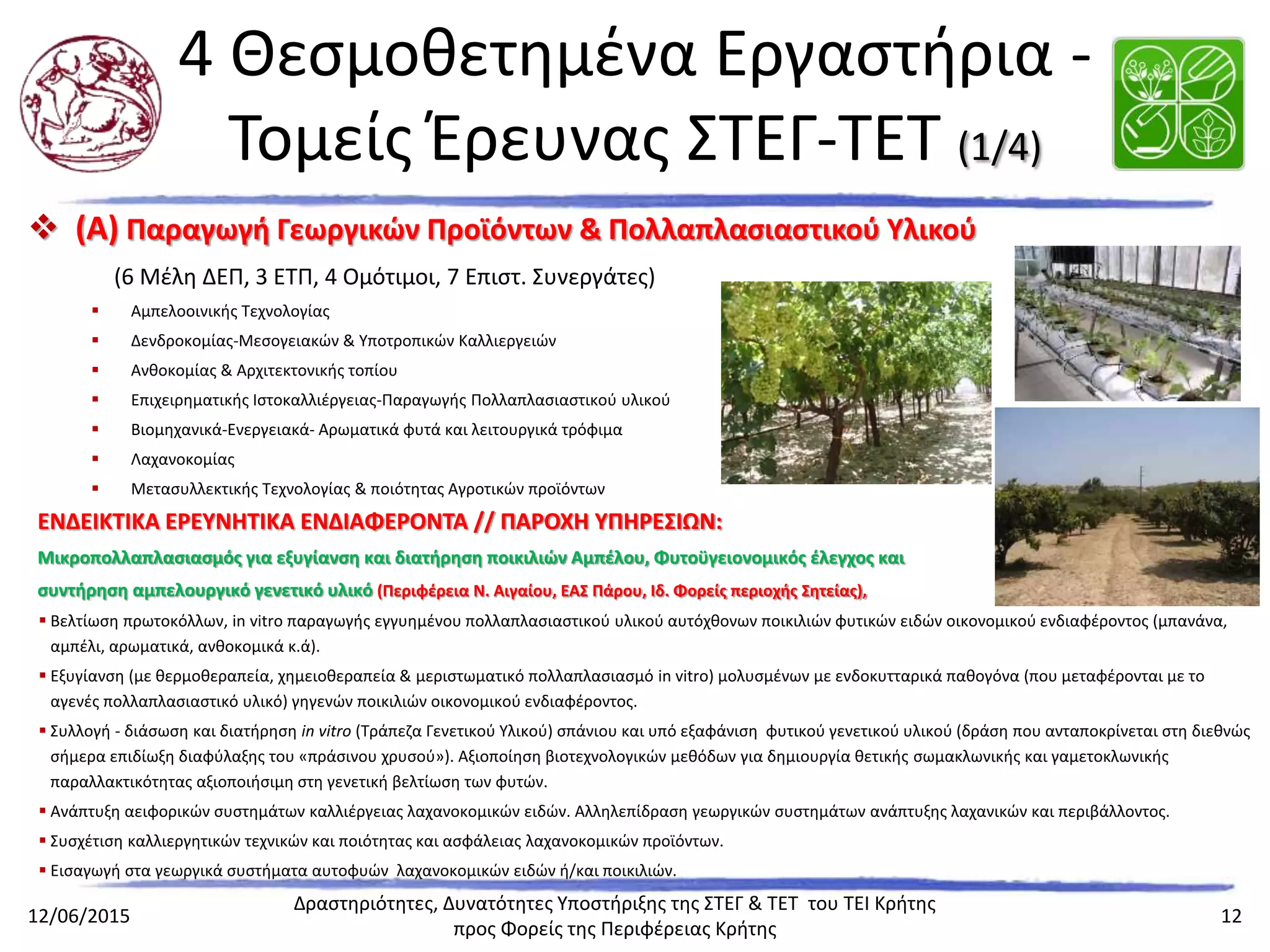 4 Θεσμοθετημένα Εργαστήρια - Τομείς
Έρευνας ΣΤΕΓ-ΤΕΤ (1/4)
 (Α) Παραγωγή Γεωργικών Προϊόντων & Πολλαπλασιαστικού Υλικού (6 Μέλη ΔΕΠ, 3 ΕΤΠ, 4 Ομότιμοι, 7 Επιστ. Συνεργάτες)
 Αμπελοοινικής Τεχνολογίας
 Δενδροκομίας-Μεσογειακών & Υποτροπικών Καλλιεργειών
 Ανθοκομίας & Αρχιτεκτονικής τοπίου
 Επιχειρηματικής Ιστοκαλλιέργειας-Παραγωγής Πολλαπλασιαστικού υλικού
 Βιομηχανικά-Ενεργειακά- Αρωματικά φυτά και λειτουργικά τρόφιμα
 Λαχανοκομίας
 Μετασυλλεκτικής Τεχνολογίας & ποιότητας Αγροτικών προϊόντων
ΕΝΔΕΙΚΤΙΚΑ ΕΡΕΥΝΗΤΙΚΑ ΕΝΔΙΑΦΕΡΟΝΤΑ // ΠΑΡΟΧΗ ΥΠΗΡΕΣΙΩΝ:
Μικροπολλαπλασιασμός για εξυγίανση και διατήρηση ποικιλιών Αμπέλου, Φυτοϋγειονομικός έλεγχος και
συντήρηση αμπελουργικό γενετικό υλικό (Περιφέρεια Ν. Αιγαίου, ΕΑΣ Πάρου, Ιδ. Φορείς περιοχής Σητείας),
 Βελτίωση πρωτοκόλλων, in vitro παραγωγής εγγυημένου πολλαπλασιαστικού υλικού αυτόχθονων ποικιλιών φυτικών ειδών οικονομικού ενδιαφέροντος
(μπανάνα, αμπέλι, αρωματικά, ανθοκομικά κ.ά).
 Εξυγίανση (με θερμοθεραπεία, χημειοθεραπεία & μεριστωματικό πολλαπλασιασμό in vitro) μολυσμένων με ενδοκυτταρικά παθογόνα (που μεταφέρονται με
το αγενές πολλαπλασιαστικό υλικό) γηγενών ποικιλιών οικονομικού ενδιαφέροντος.
 Συλλογή - διάσωση και διατήρηση in vitro (Τράπεζα Γενετικού Υλικού) σπάνιου και υπό εξαφάνιση φυτικού γενετικού υλικού (δράση που ανταποκρίνεται στη
διεθνώς σήμερα επιδίωξη διαφύλαξης του «πράσινου χρυσού»). Αξιοποίηση βιοτεχνολογικών μεθόδων για δημιουργία θετικής σωμακλωνικής και
γαμετοκλωνικής παραλλακτικότητας αξιοποιήσιμη στη γενετική βελτίωση των φυτών.
 Ανάπτυξη αειφορικών συστημάτων καλλιέργειας λαχανοκομικών ειδών. Αλληλεπίδραση γεωργικών συστημάτων ανάπτυξης λαχανικών και περιβάλλοντος.
 Συσχέτιση καλλιεργητικών τεχνικών και ποιότητας και ασφάλειας λαχανοκομικών προϊόντων.
 Εισαγωγή στα γεωργικά συστήματα αυτοφυών λαχανοκομικών ειδών ή/και ποικιλιών.
 