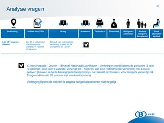 20
Analyse vragen
Lijn 34 is verbonden
met Leuven via
overstap in Hasselt
of Aarschot
Lijn 34 Tongeren-
Hasselt
Behoud van overstapvrije
verbinding tussen lijn 34
(Tongeren) en Leuven
Initieel plan 2014Verbinding Vraag Antwoord Technisch Financieel Reizigers-
potentieel
Andere
reizigers
benadeeld
Goed
alternatief
aanbod
IC-trein Hasselt – Leuven – Brussel-Nationaal-Luchthaven – Antwerpen wordt tijdens de piekuren (2 keer
‘s ochtends en 2 keer ‘s avonds) verlengd tot Tongeren, wat een rechtstreekse verbinding met Leuven
oplevert (Leuven is derde belangrijkste bestemming - na Hasselt en Brussel - voor reizigers vanuit lijn 34
Tongeren-Hasselt, 92 procent zijn treinkaarthouders)
Verlenging tijdens de daluren is wegens budgettaire redenen niet mogelijk
 