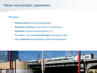 7
Principes
• Gecadanceerde (klokvaste) dienstregeling
• Homogene spreiding van de treinen van hetzelfde type
• Symmetrie (identieke aansluitingstijden H/T)
• Doelstelling = max. 2 verschillende types materieel per relatie
• Meer realistische aansluitingstijden: betere betrouwbaarheid
Nieuw vervoersplan: parameters
 