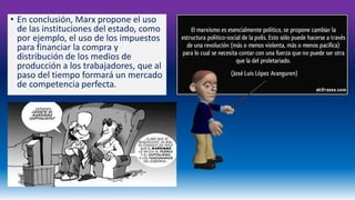 • En conclusión, Marx propone el uso 
de las instituciones del estado, como 
por ejemplo, el uso de los impuestos 
para financiar la compra y 
distribución de los medios de 
producción a los trabajadores, que al 
paso del tiempo formará un mercado 
de competencia perfecta. 
 