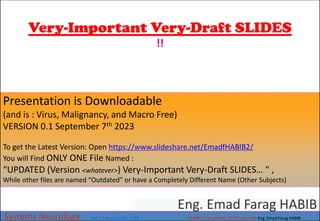 Very-Important Very-Draft SLIDES
!!
Systems Neurology Ver 1.0 August 17th 2023 HABIB’s Complexity 3D Perspective Eng. Emad Farag HABIB
Eng. Emad Farag HABIB
Presentation is Downloadable
(and is : Virus, Malignancy, and Macro Free)
VERSION 0.1 September 7th 2023
To get the Latest Version: Open https://www.slideshare.net/EmadfHABIB2/
You will Find ONLY ONE File Named :
“UPDATED (Version <whatever>) Very-Important Very-Draft SLIDES… “ ,
While other files are named “Outdated” or have a Completely Different Name (Other Subjects)
 