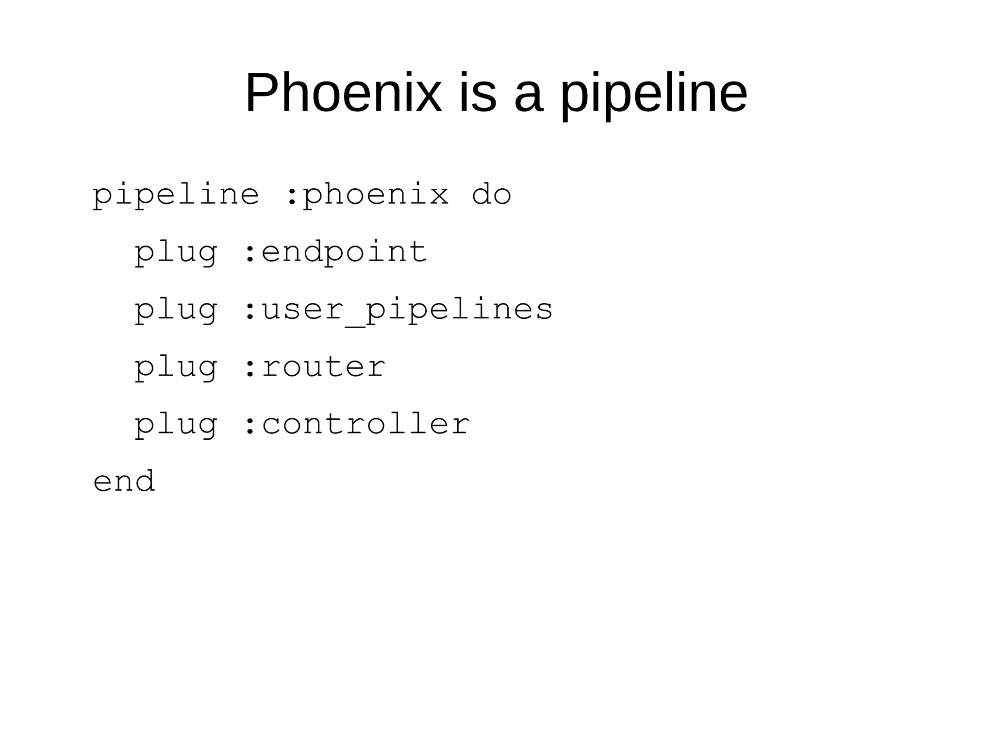 Phoenix is a pipeline
pipeline :phoenix do
plug :endpoint
plug :user_pipelines
plug :router
plug :controller
end
 
