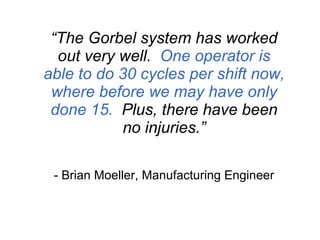 “ The Gorbel system has worked out very well.  One operator is able to do 30 cycles per shift now, where before we may have only done 15.   Plus, there have been no injuries.” - Brian Moeller, Manufacturing Engineer 