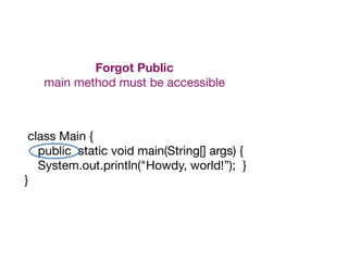 Forgot Public
main method must be accessible
class Main {

public static void main(String[] args) {

System.out.println("Howdy, world!”); }

}
 