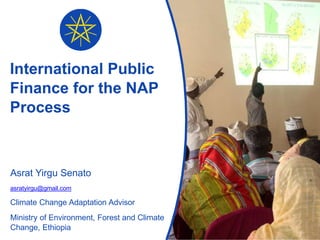 International Public
Finance for the NAP
Process
Asrat Yirgu Senato
asratyirgu@gmail.com
Climate Change Adaptation Advisor...