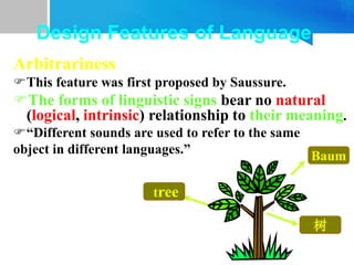 Design Features of Language
Arbitrariness
This feature was first proposed by Saussure.
The forms of linguistic signs bear no natural
(logical, intrinsic) relationship to their meaning.
“Different sounds are used to refer to the same
object in different languages.”
tree
树
Baum
 