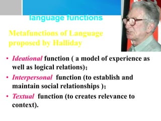 language functions
• Ideational function ( a model of experience as
well as logical relations)；
• Interpersonal function (to establish and
maintain social relationships )；
• Textual function (to creates relevance to
context).
Metafunctions of Language
proposed by Halliday
 