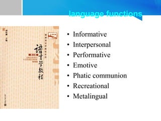 language functions
• Informative
• Interpersonal
• Performative
• Emotive
• Phatic communion
• Recreational
• Metalingual
 