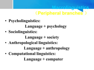Macrolinguistics
（Peripheral branches ）
• Psycholinguistics:
Language + psychology
• Sociolinguistics:
Language + society
• Anthropological linguistics:
Language + anthropology
• Computational linguistics:
Language + computer
 