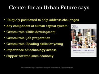 Center for an Urban Future says

• Uniquely positioned to help address challenges
• Key component of human capital system
• Critical role: Skills development
• Critical role: Job preparation
• Critical role: Reading skills for young
• Importance of technology access
• Support for freelance economy


           See report at: http://nycfuture.org/pdf/Branches_of_Opportunity.pdf
 