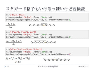 スタガード格子もいけるっぽいけど要検証
2019/07/27オープンCAE勉強会@関西25
xi=[-Δx/2, Δx/2]
fi=sp.symbols('f0:{:d}'.format(len(xi)))
Derivative(LagrangePoly(x,xi,fi), x, orderOfDifference=1)
xi=[-5*Δx/2,-3*Δx/2,-Δx/2]
fi=sp.symbols('f0:{:d}'.format(len(xi)))
Derivative(LagrangePoly(x,xi,fi), x, orderOfDifference=1)
xi=[-5*Δx/2,-3*Δx/2,-Δx/2,Δx/2]
fi=sp.symbols('f0:{:d}'.format(len(xi)))
Derivative(LagrangePoly(x,xi,fi), x, orderOfDifference=2)
 