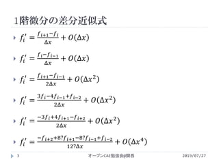 1階微分の差分近似式
2019/07/27オープンCAE勉強会@関西3
 𝑓𝑖
′
=
𝑓 𝑖+1−𝑓 𝑖
Δ𝑥
+ 𝑂 Δ𝑥
 𝑓𝑖
′
=
𝑓 𝑖−𝑓 𝑖−1
Δ𝑥
+ 𝑂 Δ𝑥
 𝑓𝑖
′
=
𝑓 𝑖+1−𝑓 𝑖−1
2Δ𝑥
+ 𝑂 Δ𝑥2
 𝑓𝑖
′
=
3𝑓 𝑖−4𝑓 𝑖−1+𝑓 𝑖−2
2Δ𝑥
+ 𝑂 Δ𝑥2
 𝑓𝑖
′
=
−3𝑓 𝑖+4𝑓 𝑖+1−𝑓𝑖+2
2Δ𝑥
+ 𝑂 Δ𝑥2
 𝑓𝑖
′
=
−𝑓 𝑖+2+8?𝑓 𝑖+1−8?𝑓 𝑖−1+𝑓 𝑖−2
12?Δ𝑥
+ 𝑂 Δ𝑥4
 