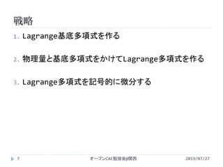 戦略
2019/07/27オープンCAE勉強会@関西7
1. Lagrange基底多項式を作る
2. 物理量と基底多項式をかけてLagrange多項式を作る
3. Lagrange多項式を記号的に微分する
 