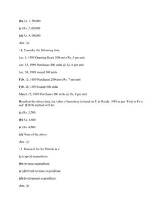 (b) Rs. 1, 50,000

(c) Rs. 2, 00,000

(d) Rs. 3, 00,000

Ans. (a)

11. Consider the following data:

Jan. 1, 1989 Opening Stock 500 units Rs. 5 per unit

Jan. 15, 1989 Purchases 400 units @ Rs. 6 per unit

Jan. 30, 1989 issued 300 units

Feb. 15, 1989 Purchases 200 units Rs. 7 per unit

Feb. 28, 1989 Issued 300 units

March 25, 1989 Purchases 200 units @ Rs. 8 per unit

Based on the above data, the value of inventory in hand on 31st March, 1989 as per ‗First in First
out‘ (FIFO) method will be:

(a) Rs. 3,700

(b) Rs. 3,600

(c) Rs. 4,800

(d) None of the above

Ans. (c)

12. Renewal fee for Patents is a:

(a) capital expenditure

(b) revenue expenditure

(c) deferred revenue expenditure

(d) development expenditure

Ans. (a)
 
