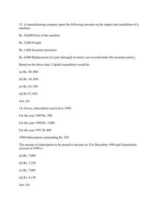 13. A manufacturing company spent the following amounts on the import and installation of a
machine:

Rs. 50,000 Price of the machine

Rs. 5,000 Freight

Rs, 1,050 Insurance premium

Rs. 6,000 Replacement of a part damaged in transit, not covered under the insurance policy.

Based on the above data, Capital expenditure would be:

(a) Rs. 50, 000

(b) Rs. 56, 050

(c) Rs. 62, 050

(d) Rs.57, 050

Ans. (b)

14. Given, subscription received in 1990:

For the year 1989 Rs. 500

For the year 1990 Rs. 7,000

For the year 1991 Rs 400

1990-Subscription outstanding Rs. 250.

The amount of subscription to be posted to Income on 31st December 1990 and Expenditure
account of 1990 is:

(a) Rs. 7,000

(b) Rs. 7,250

(c) Rs. 7,900

(d) Rs. 8,150

Ans. (b)
 