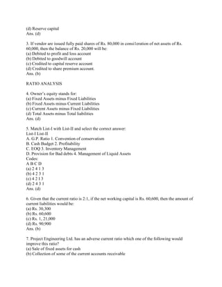 (d) Reserve capital
Ans. (d)

3. If vendor are issued fully paid shares of Rs. 80,000 in consi1eration of net assets of Rs.
60,000, then the balance of Rs. 20,000 will be:
(a) Debited to profit and loss account
(b) Debited to goodwill account
(c) Credited to capital reserve account
(d) Credited to share premium account.
Ans. (b)

RATIO ANALYSIS

4. Owner‘s equity stands for:
(a) Fixed Assets minus Fixed Liabilities
(b) Fixed Assets minus Current Liabilities
(c) Current Assets minus Fixed Liabilities
(d) Total Assets minus Total liabilities
Ans. (d)

5. Match List-I with List-II and select the correct answer:
List-I List-II
A. G.P. Ratio 1. Convention of conservatism
B. Cash Budget 2. Profitability
C. EOQ 3. Inventory Management
D. Provision for Bad debts 4. Management of Liquid Assets
Codes:
ABCD
(a) 2 4 1 3
(b) 4 2 3 1
(c) 4 2 I 3
(d) 2 4 3 1
Ans. (d)

6. Given that the current ratio is 2:1, if the net working capital is Rs. 60,600, then the amount of
current liabilities would be:
(a) Rs. 30,300
(b) Rs. 60,600
(c) Rs. 1, 21,000
(d) Rs. 90,900
Ans. (b)

7. Project Engineering Ltd. has an adverse current ratio which one of the following would
improve this ratio?
(a) Sale of fixed assets for cash
(b) Collection of some of the current accounts receivable
 