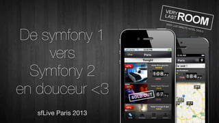 VERY
                              LAST-M




De symfony 1
                                    INUTE
                                            HOTEL
                                                    DEALS




     vers
  Symfony 2
en douceur <3
   sfLive Paris 2013
 