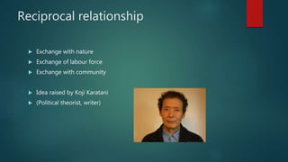 Reciprocal relationship
 Exchange with nature
 Exchange of labour force
 Exchange with community
 Idea raised by Koji Karatani
 (Political theorist, writer)
 