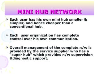 MINI HUB NETWORKMINI HUB NETWORK
 Each user has his own mini hub smaller &
simpler, and hence cheaper than a
conventional hub.
 Each user organization has complete
control over his own communication.
 Overall management of the complete n/w is
provided by the service supplier who has a
“super hub” which provides n/w supervision
&diagnostic support.
 