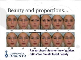 Beauty and proportions...




         Researchers discover new 'golden
         ratios' for female facial beauty
 