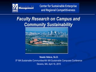 _________________________________________________________________
Faculty Research on Campus and
Community Sustainability
Vesela Veleva, Sc.D.
5th MA Sustainable Communities/4th MA Sustainable Campuses Conference
Devens, MA, April 16, 2015
 