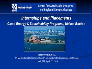 _________________________________________________________________
Internships and Placements
Clean Energy & Sustainability Programs, UMass Boston
Vesela Veleva, Sc.D.
4th MA Sustainable Communities/3rd MA Sustainable Campuses Conference
Lowell, MA, April 17, 2014
 