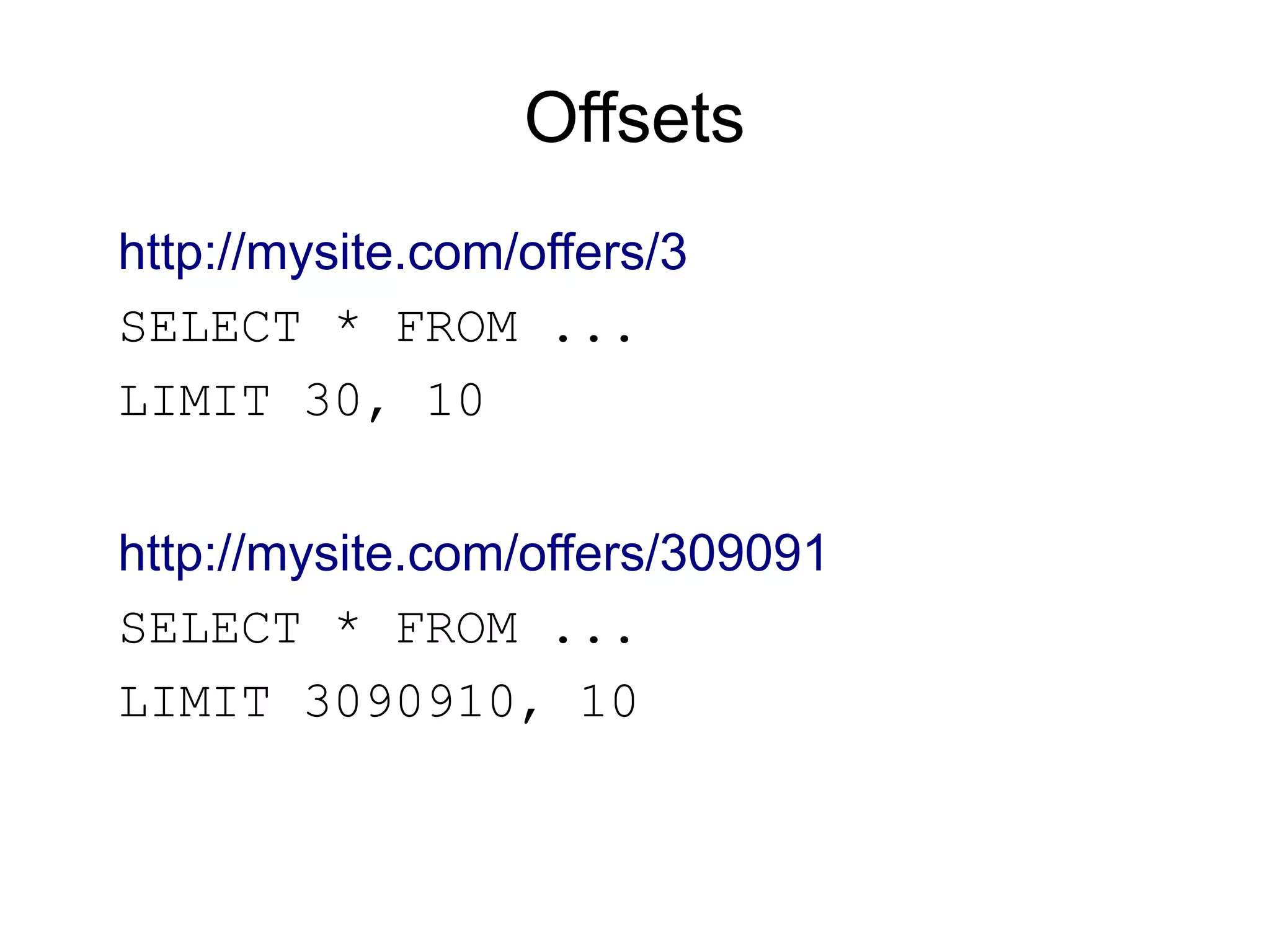 Offsets
http://mysite.com/offers/3
SELECT * FROM ...
LIMIT 30, 10
http://mysite.com/offers/309091
SELECT * FROM ...
LIMIT 3090910, 10
 