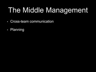 The Middle Management
• Cross-team communication
• Planning
 