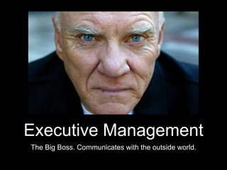 Executive Management
The Big Boss. Communicates with the outside world.
 