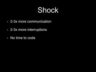 Shock
• 2-3x more communication
• 2-3x more interruptions
• No time to code
 