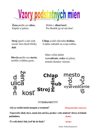 Žena prešla cez ulicu, 
Kúpila si palicu. 
Držím v dlani kosť, 
Pes Bodrík jej už má dosť. 
Chlap uvidel slávneho hrdinu, 
A úplne zabudol na svoju rodinu. 
Stroj opreli o náš zrub, 
zrezať ním chceli blízky dub. 
Dievča prešlo cez mesto, 
urobilo zvláštne gesto. 
Mám veľmi dobré vysvedčenie, srdce mi plesá, nemám domáce väzenie. 
Autor: Erika Kumorová  