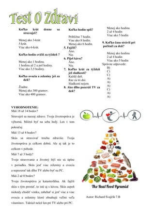 VYHODNOTENIE: 
Máš 18 až 14 bodov? 
Stravuješ sa naozaj zdravo. Tvoja životospráva je výborná. Môžeš byť na seba hrdý. Len v tom pokračuj. 
Máš 13 až 8 bodov? 
Skús sa stravovať trochu zdravšie. Tvoja životospráva je celkom dobrá. Ale aj tak je to celkom v pohode. 
Máš 7 až 3 body? 
Tvoje stravovanie a životný štýl nie sú úplne v poriadku. Skús jesť viac zeleniny a ovocia a nepozerať tak dlho TV alebo byť na PC. 
Máš 2 až 0 bodov? 
Tvoja životospráva je katastrofálna. Ak fajčíš skús s tým prestať, to isté aj s kávou. Skús aspoň niekedy chodiť vonku, zabehať si jesť viac a viac ovocia a zeleniny ktoré obsahujú veľmi veľa vitamínov. Taktiež nelež len pri TV alebo pri PC. 
Koľko krát denne sa stravuješ? 
Menej ako 3-krát 
5-krát. 
Viac ako 6-krát. 
Koľko hodín cvičíš za týždeň ? 
Menej ako 1 hodinu. 
1 hodinu až 2 a pol hodiny. 
Viac ako 3,5 hodiny. 
Koľko ovocia a zeleniny ješ za deň? 
Žiadne. 
Menej ako 300 gramov. 
Viac ako 400 gramov. 
Koľko hodín spíš? 
Približne 7 hodín. 
Viac ako 8 hodín. 
Menej ako 6 hodín. 
5. Fajčíš? 
Áno. 
Nie. 
6. Piješ kávu? 
Áno. 
Nie. 
7. Koľko krát za týždeň ješ sladkosti? 
Každý deň. 
Raz za tri dni. 
Sladkosti nejem. 
8. Ako dlho pozeráš TV za deň? 
Menej ako hodinu 
2 až 4 hodín 
Viac ako 5 hodín 
9. Koľko času stráviš pri 
počítači za deň? 
Menej ako hodinu 
2 až 4 hodín 
Viac ako 5 hodín 
Správne odpovede: 
B) 
C) 
C) 
A) 
A) 
A) 
C) 
A) 
A) 
Autor: Richard Svajčík 7.B  