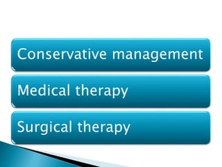 Conservative management
Medical therapy
Surgical therapy
 