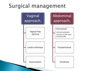 Vaginal
approach,
Vaginal Flap
splitting
Latzko technique
Saucerization
Abdominal
approach,
Transvesical
•vertical cystotomy
•excision of VVF track
transvesically
Tansperitoneal
Combined
 