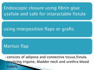 Endoscopic closure using fibrin glue
usefule and safe for intaractable fistula
using interposition flaps or grafts
Martius flap
•consists of adipose and connective tissue,fistula
involving trigone, bladder neck and urethra blood
supply
 