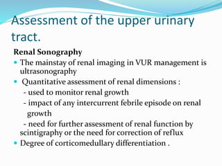 Assessment of the upper urinary
tract.
Renal Sonography
 The mainstay of renal imaging in VUR management is
ultrasonography
 Quantitative assessment of renal dimensions :
- used to monitor renal growth
- impact of any intercurrent febrile episode on renal
growth
- need for further assessment of renal function by
scintigraphy or the need for correction of reflux
 Degree of corticomedullary differentiation .
 