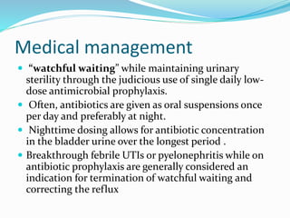 Medical management
 “watchful waiting” while maintaining urinary
sterility through the judicious use of single daily low-
dose antimicrobial prophylaxis.
 Often, antibiotics are given as oral suspensions once
per day and preferably at night.
 Nighttime dosing allows for antibiotic concentration
in the bladder urine over the longest period .
 Breakthrough febrile UTIs or pyelonephritis while on
antibiotic prophylaxis are generally considered an
indication for termination of watchful waiting and
correcting the reflux
 
