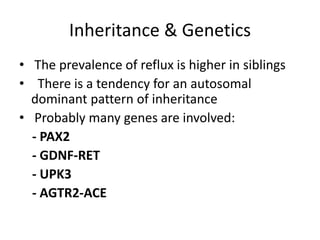 Inheritance & Genetics
• The prevalence of reflux is higher in siblings
• There is a tendency for an autosomal
dominant pattern of inheritance
• Probably many genes are involved:
- PAX2
- GDNF-RET
- UPK3
- AGTR2-ACE
 
